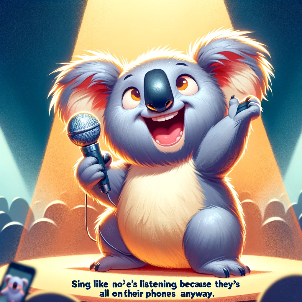 A koala holding a microphone, singing passionately on a stage with a spotlight on it. The koala should be depicted as enthusiastic and expressive, capturing the joy of singing. The background should be a stage setting, with a crowd blurred in the background. The image should have a lighthearted and fun vibe, with a caption at the bottom reading: "Sing like no one's listening, because they're all on their phones anyway." The scene should be vibrant, focusing on the karaoke koala as the star of the show.