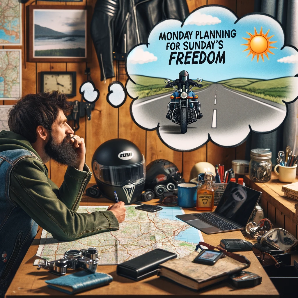 A biker sitting at a desk, surrounded by maps and motorcycle gear. The biker is daydreaming, shown through a thought bubble depicting open roads and sunny skies. The caption at the bottom of the image reads, "Monday planning for Sunday's freedom." The scene should be cozy and inviting, showing the biker's anticipation for a weekend adventure. The desk should be cluttered with maps and various motorcycle-related items, emphasizing the biker's passion for planning their rides.