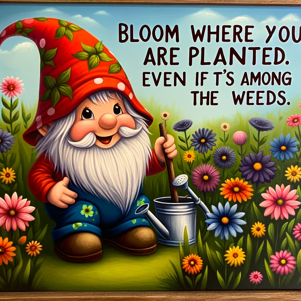 A cheerful gnome tending to a garden of colorful flowers, with the caption: "Bloom where you are planted. Even if it's among the weeds."