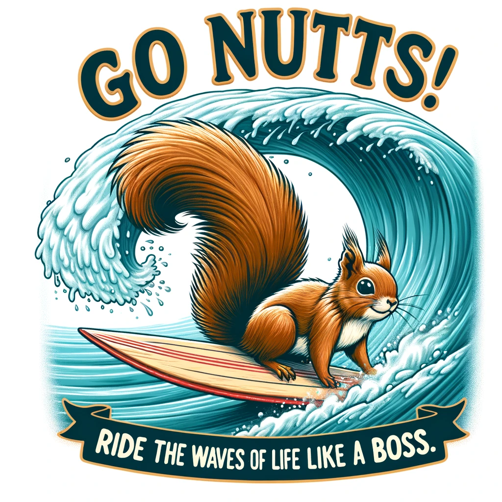 A squirrel on a surfboard, riding a big wave with the caption: "Go nuts! Ride the waves of life like a boss."