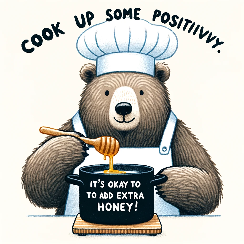 A bear wearing a chef's hat and apron, tasting something from a pot with the caption: "Cook up some positivity. It's okay to add extra honey!"