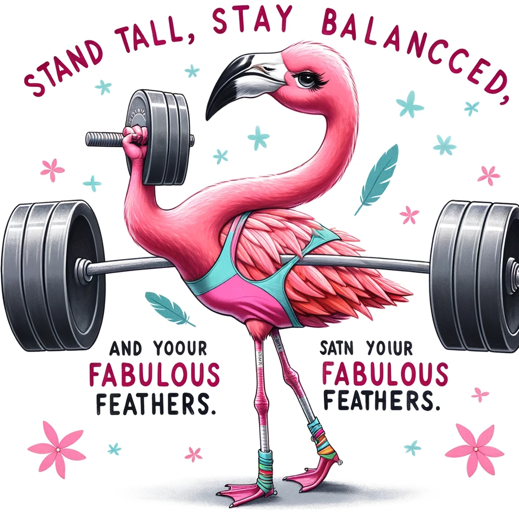 A flamingo in workout gear, lifting weights with the caption: "Stand tall, stay balanced, and flaunt your fabulous feathers."