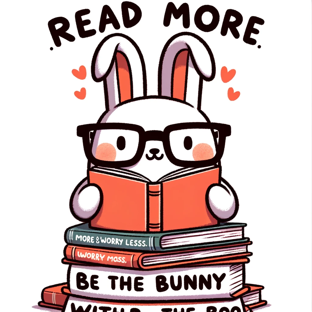 A cartoon rabbit with glasses, buried in a pile of books. The caption reads: "Read more, worry less. Be the bunny with the book." The image should have a humorous and uplifting vibe, suitable for a funny affirmation meme.