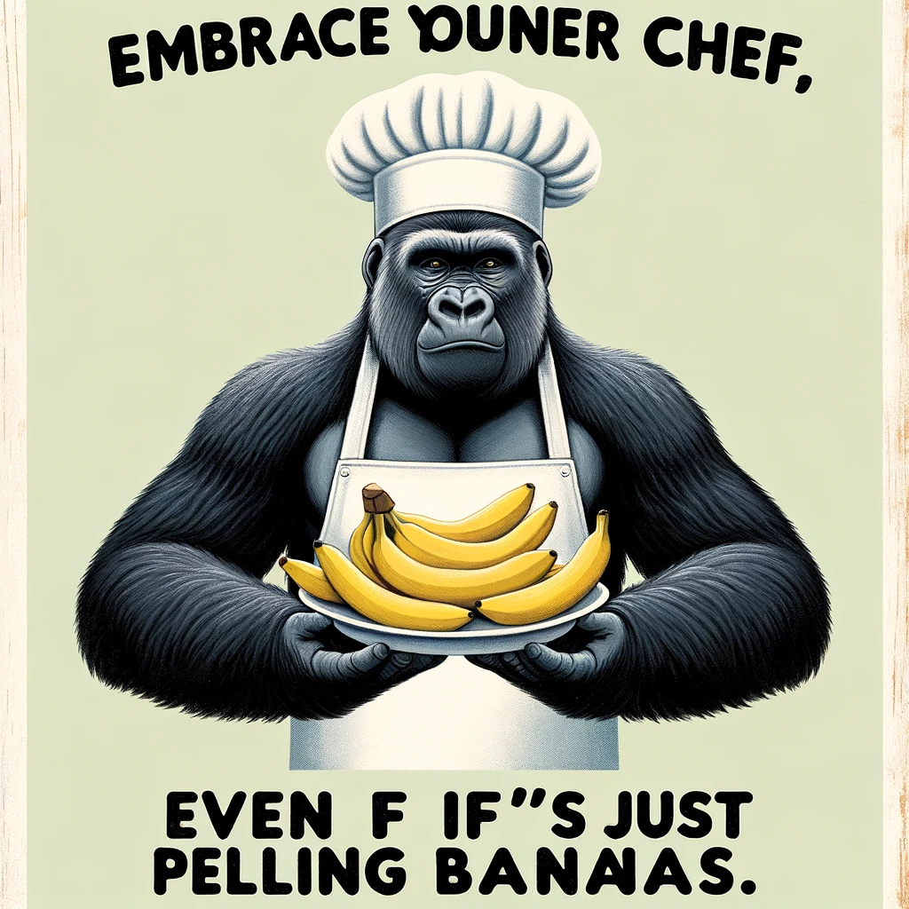 A gorilla wearing a chef's hat and apron, proudly presenting a plate of bananas. The caption reads: "Embrace your inner chef, even if it's just peeling bananas." The image should be humorous and uplifting, capturing the spirit of a funny affirmation meme.