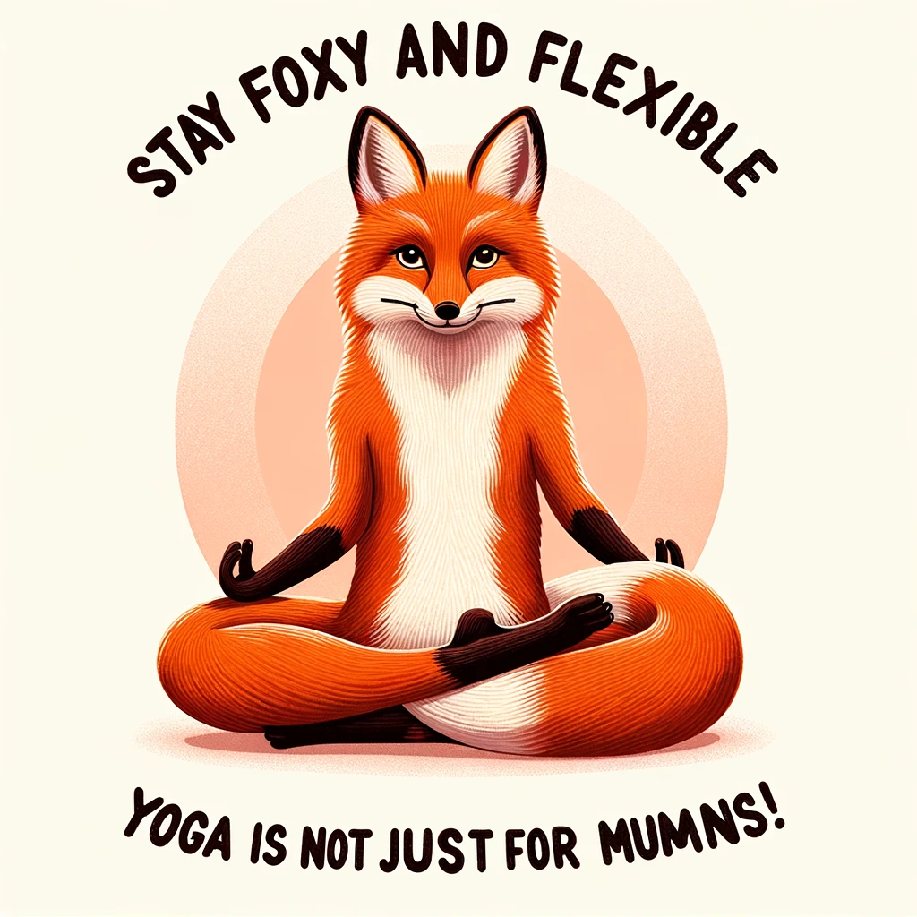 A fox in a yoga pose with a serene expression. The caption reads: "Stay foxy and flexible. Yoga is not just for humans!" The image should be playful and inspiring, perfect for a funny affirmation meme.