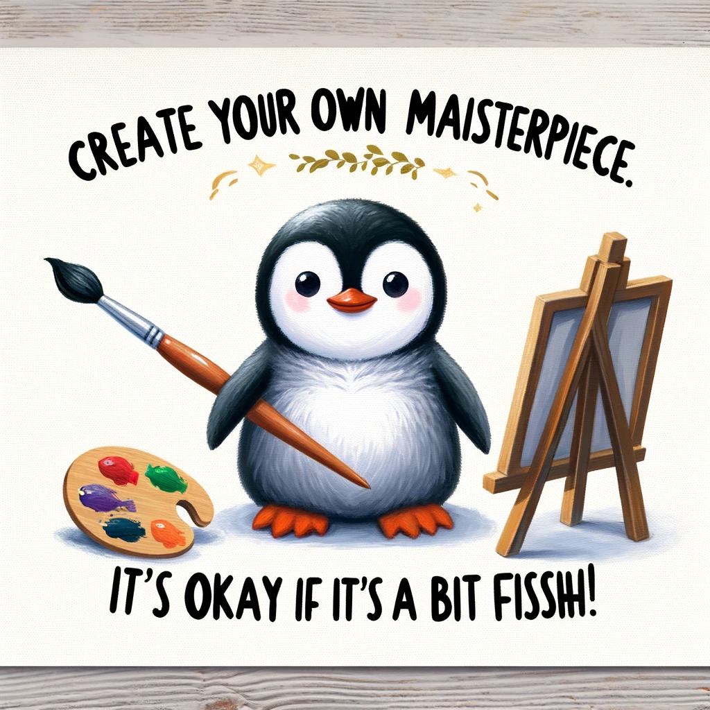 A penguin holding a paintbrush and palette, in front of a canvas. The caption reads: "Create your own masterpiece. It's okay if it's a bit fishy!" The image should be charming and humorous, fitting for a funny affirmation meme.