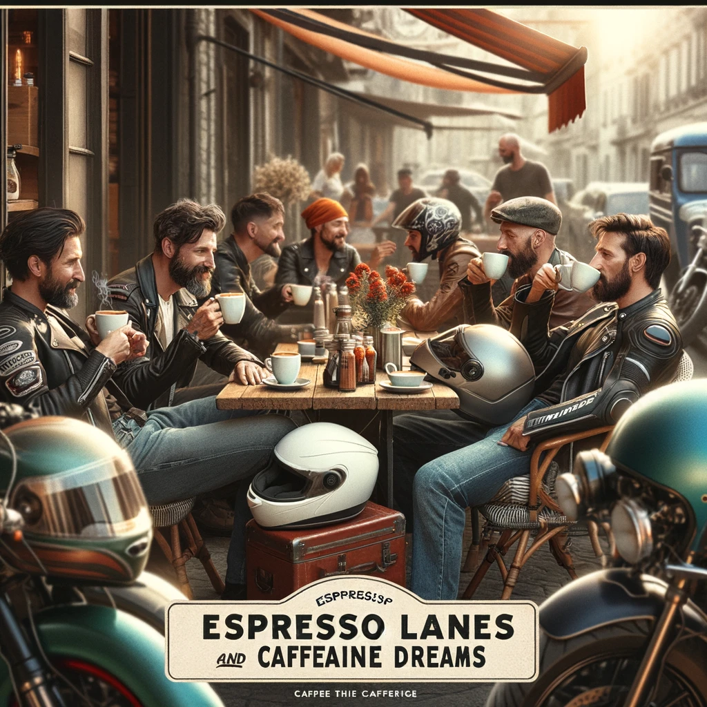 A group of bikers at a café, with helmets on the table, sipping coffee. The setting is a cozy, outdoor café scene with a few motorcycles parked nearby. The bikers are engaged in conversation, enjoying their break. The caption at the bottom of the image reads, "Espresso lanes and caffeine dreams." The atmosphere should be relaxed and sociable, capturing a moment of camaraderie among bikers. The café should have a charming, inviting appearance, and the image should convey a sense of leisure and enjoyment.