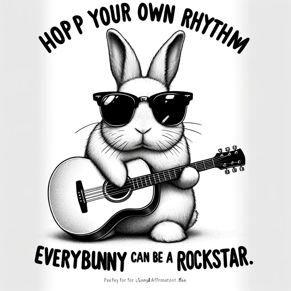 A rabbit with a guitar, wearing sunglasses. The caption reads: "Hop to your own rhythm. Everybunny can be a rockstar." The image should be cool and humorous, perfect for a funny affirmation meme.