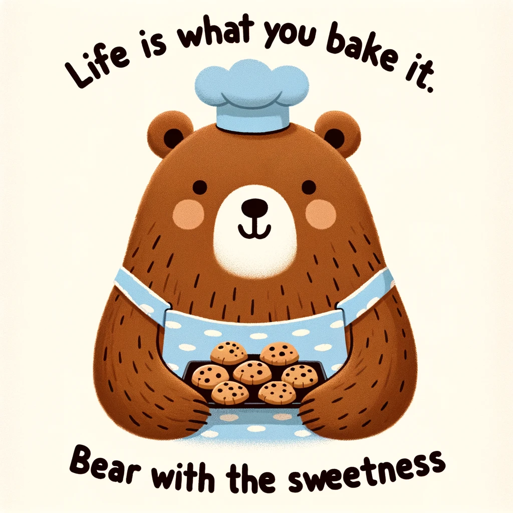 A bear in an apron, holding freshly baked cookies. The caption reads: "Life is what you bake it. Bear with the sweetness." The image should be warm and amusing, ideal for a funny affirmation meme.