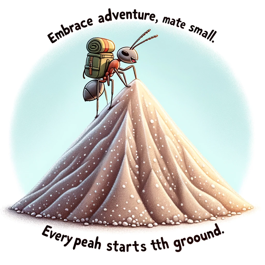 An ant with a backpack, standing at the base of a mountain that's actually a grain of sand. The caption reads: "Embrace adventure, no matter how small. Every peak starts from the ground." The image should be adventurous and humorous, perfect for a funny affirmation meme.