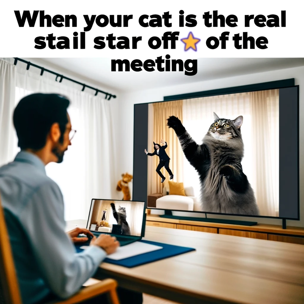 A humorous meme showing a person presenting seriously in a virtual meeting. Unbeknownst to them, in the background, a cat is performing a ridiculous act like swinging from a curtain or knocking things off a shelf. The scene captures the funny and unexpected moments that can happen during work-from-home situations. The caption reads, "When your cat is the real star of the meeting."