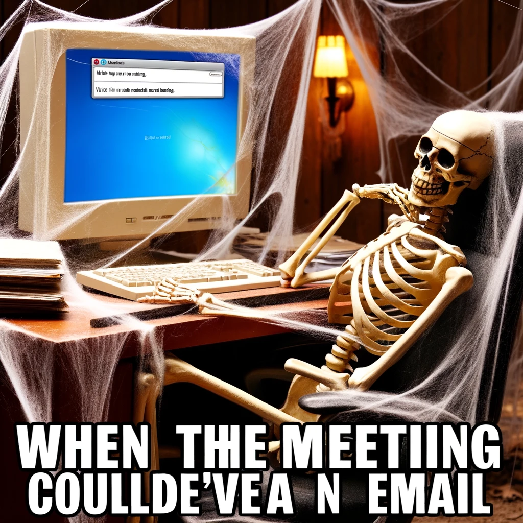 A meme featuring a skeleton sitting at a computer desk, surrounded by cobwebs, looking bored and tired. The computer screen shows a meeting still in progress. This image humorously illustrates the feeling of being in a never-ending meeting that seems unnecessary. The caption reads, "When the meeting could've been an email," emphasizing the frustration of long, unproductive meetings.