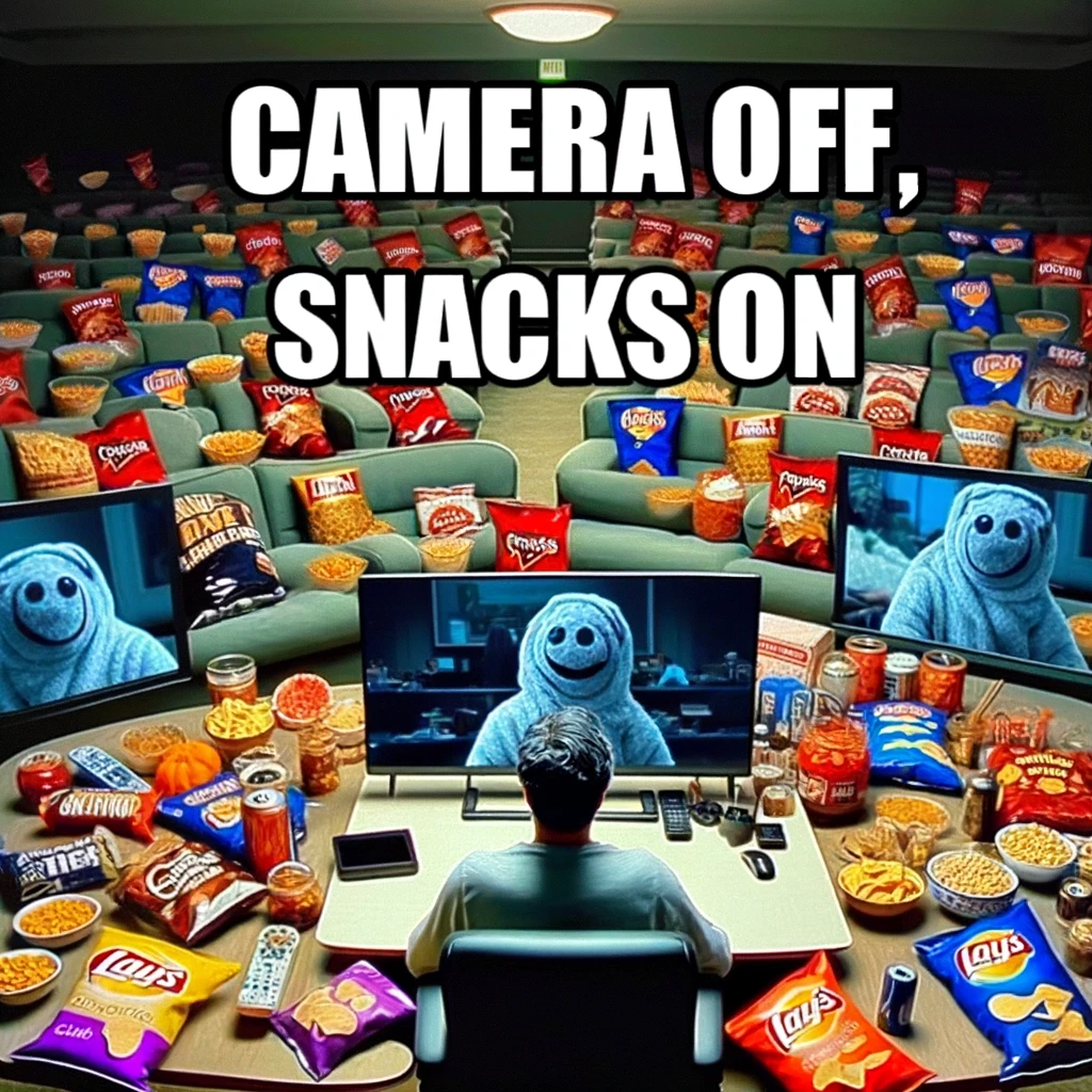 A meme depicting a person in a work meeting with the camera off, surrounded by a humorous and exaggerated amount of snacks, like a movie marathon setup, instead of a typical work setting. The image conveys a lighthearted view on the unseen realities of remote work. The caption reads, "Camera off, snacks on," highlighting the informal and relaxed environment people often enjoy while working from home.