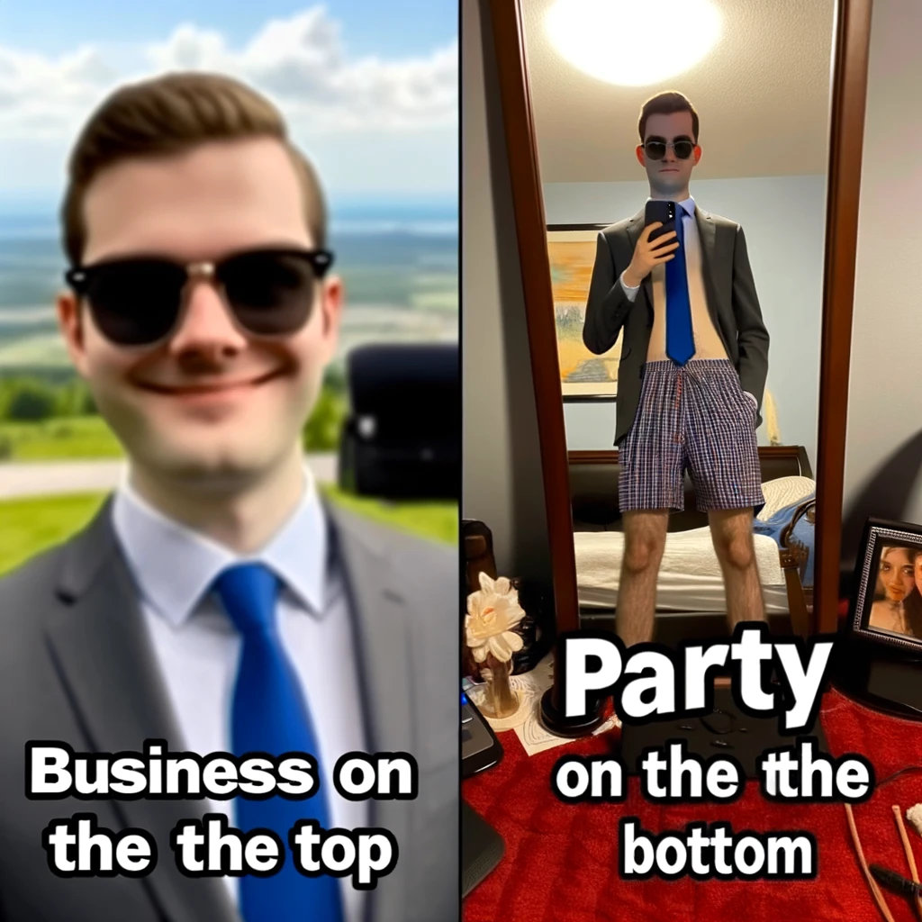 A meme showing a person in a video call. The upper half of their body is dressed in business attire, looking very professional. In the background, a mirror reveals that the lower half of their body is in pajamas or shorts. This comical juxtaposition illustrates the dress code duality often encountered in remote work settings. The caption reads, "Business on the top, party on the bottom," humorously highlighting how people adapt their professional appearance for video calls while enjoying the comfort of casual wear below the camera's view.