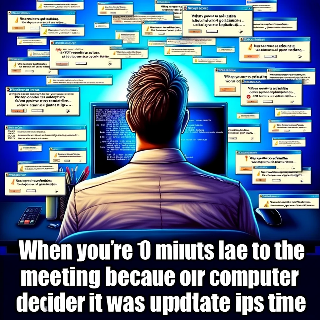 A meme portraying a person with a confused expression, staring at their computer screen. The screen and surrounding area are cluttered with error messages and software update notifications, representing the frustrations of technical difficulties. The caption reads, "When you're 10 minutes late to the meeting because your computer decided it was update time," humorously highlighting the unexpected interruptions that can occur due to technology issues, especially when preparing for important virtual meetings.