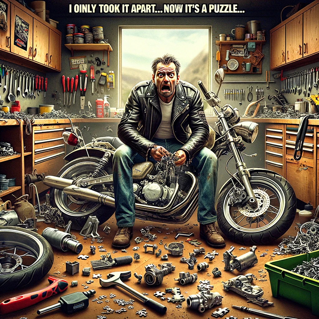 A biker in a garage, surrounded by motorcycle parts and tools. The biker looks utterly confused, staring at the disassembled bike parts. The scene is cluttered with various tools and motorcycle components scattered around. The caption at the bottom reads, "I only took it apart... Now it's a puzzle." The image should convey a sense of humorous frustration, emphasizing the complexity of motorcycle maintenance. The garage setting should be typical, with workbenches, tool racks, and perhaps a half-assembled motorcycle.