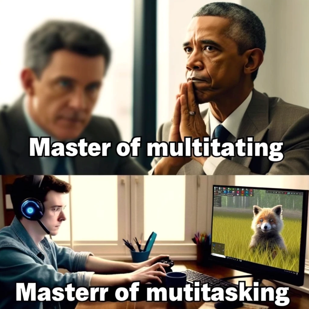 A meme with a split-screen. On one side, a person is seen in a meeting, nodding seriously as if deeply engaged. The other side reveals the same person actually playing a video game or browsing memes, showcasing their multitasking during the meeting. This image humorously captures the common situation where people appear attentive in virtual meetings while actually being distracted. The caption reads, "Master of multitasking," highlighting the lighthearted reality of working from home.