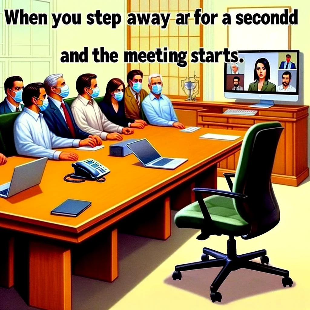 A meme depicting an empty chair in front of a computer during a video call, with team members on the screen looking confused. The scene humorously captures the moment when someone steps away just as a meeting starts. It reflects the common occurrences in remote work where participants might be momentarily absent from their camera. The caption reads, "When you step away for a second and the meeting starts," emphasizing the timing and the humorous aspect of missing the beginning of a meeting.