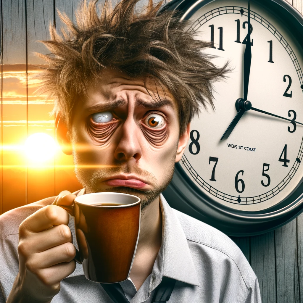 A person looking disheveled, holding a cup of coffee with the sun rising in the background. The person looks tired and slightly confused, emphasizing the effect of time zone differences. The image should capture a humorous and slightly exaggerated expression of sleepiness and disorientation. Include a caption that reads, "When you're on the East Coast and your West Coast coworker schedules a 'late afternoon' meeting."