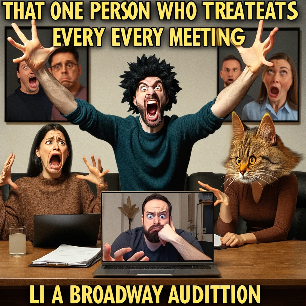 A person on a video call is animatedly using exaggerated hand gestures and facial expressions. Other participants in the call appear bored or indifferent, highlighting the contrast in energy levels. The person's enthusiasm should be comically over the top, like a performance. Include a caption that reads, "That one person who treats every meeting like a Broadway audition."