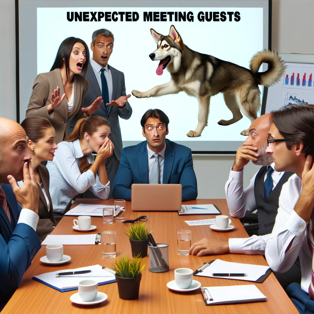 A serious meeting is humorously interrupted by someone's pet or child doing something unexpected in the background. The meeting participants show various reactions, some amused and some surprised, capturing the spontaneity of the moment. The pet or child should be engaged in a playful or mischievous act. Include a caption that reads, "Unexpected meeting guests."