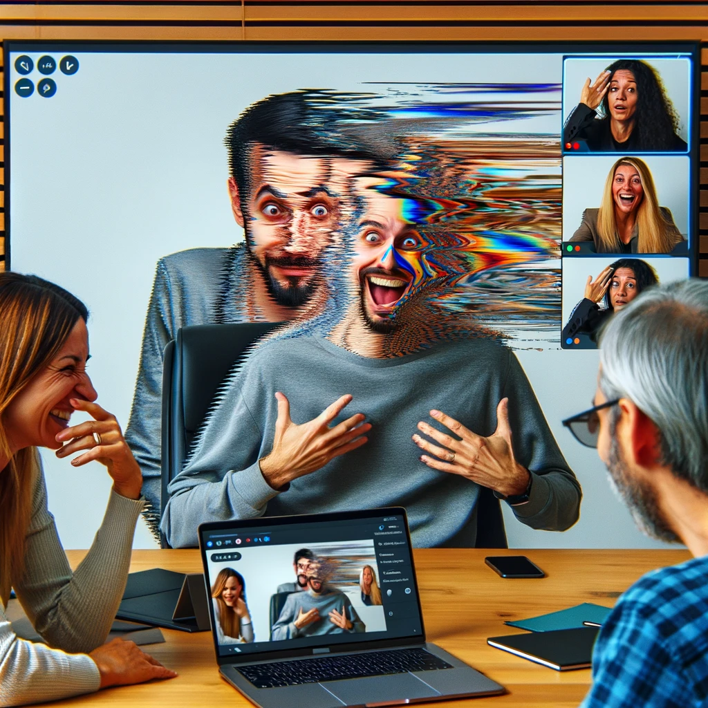 A person in a video meeting with a virtual background that is glitching, blending parts of their face or clothes into the background in a humorous way. The virtual background malfunction should be exaggerated to emphasize the awkwardness. Other participants are visible, reacting with amusement or confusion. Include a caption that reads, "When your virtual background becomes part of you."