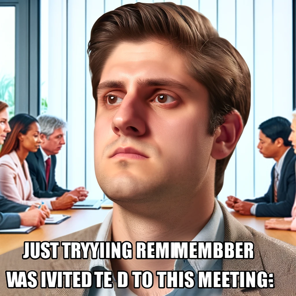 An image of a person in a meeting looking like they are concentrating hard, but with a humorous undertone of confusion. The person's expression should reflect deep thought, yet a sense of being out of place. The setting should be a typical meeting room or a video call with other participants. Include a caption that reads, "Just trying to remember why I was invited to this meeting."