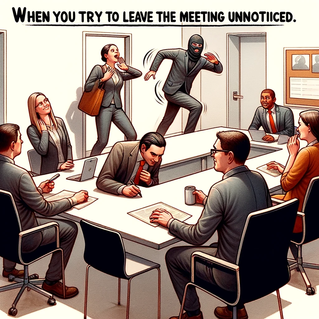 The image shows someone attempting to leave a meeting quietly, either a physical room or a video call, but unintentionally making a noticeable movement or noise. The person's actions should appear comically stealthy, like a humorous attempt at being sneaky. Other meeting participants should be depicted with surprised or amused expressions. Include a caption that reads, "When you try to leave the meeting unnoticed."