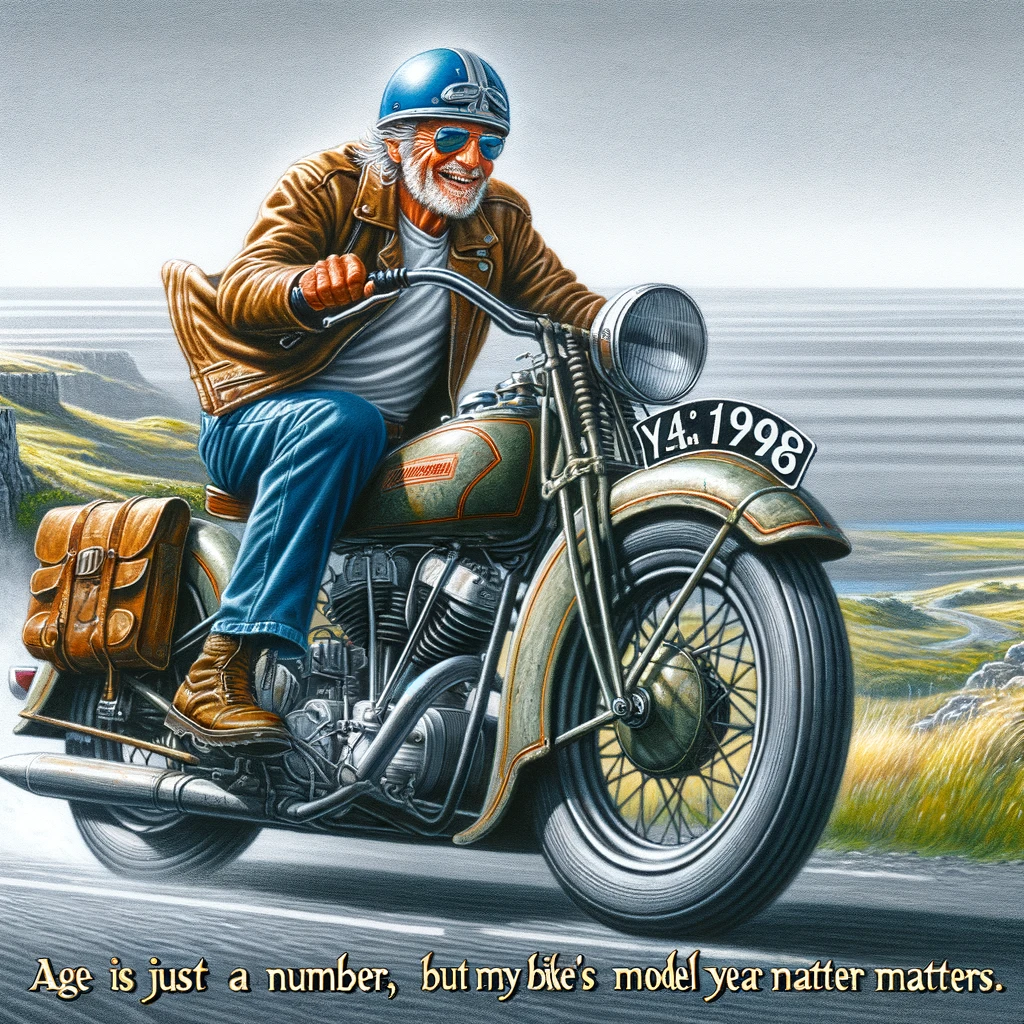 An older biker with a young spirit, riding a classic motorcycle. The biker is portrayed enjoying a ride on a scenic road, with a sense of freedom and youthfulness. The motorcycle should be a vintage model, adding to the charm of the scene. The caption at the bottom reads, "Age is just a number, but my bike's model year matters." The image should capture the joy of riding, regardless of age, and the beauty of a well-maintained classic motorcycle. The background should be a picturesque landscape, enhancing the sense of adventure and timelessness.