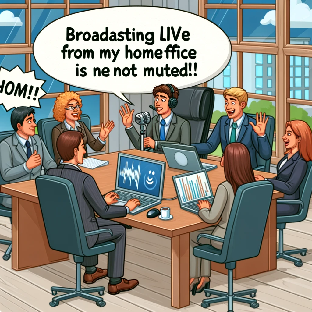A person in a meeting is talking to someone else in their room, unaware their microphone is not muted. The individual should be making expressive faces or gestures, indicating a private conversation. The other meeting participants should be depicted with reactions ranging from amusement to surprise. The setting can be a home office environment. Include a caption that reads, "Broadcasting live from my home office!"