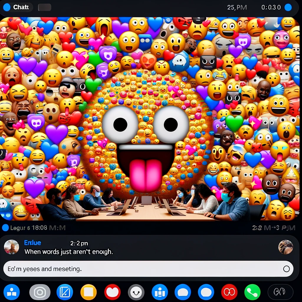 An image showing a chat window in a virtual meeting filled with an excessive use of colorful emojis. One person should be dominating the conversation with a flurry of emojis, expressing a wide range of reactions. The chat should be humorously overwhelming, with the emojis covering most of the screen space. Other participants' messages can be seen reacting to the emoji overuse. Include a caption that reads, "When words just aren't enough."