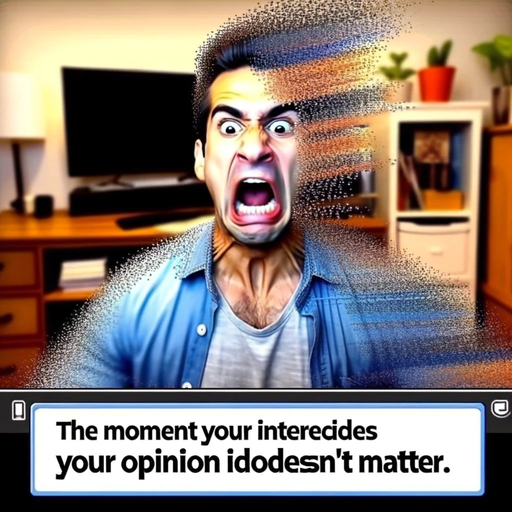 A funny meme showing a person in a video call who is mid-sentence with an important point. Suddenly, their screen freezes, visually represented by a pixelated or static effect on their face or screen. The meme should have a humorous text overlay that reads, "The moment your internet decides your opinion doesn't matter." The setting should be a typical home office or living room, and the person should look surprised or frustrated.