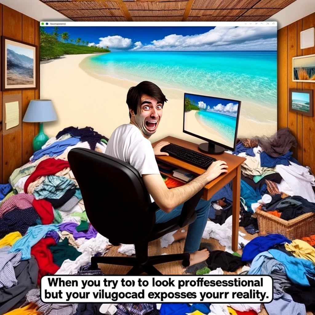 A comical meme of someone in a video call attempting to use a beach virtual background. The background should be glitching, showing parts of their actual messy room, like a pile of clothes or disorganized desk, in random spots. The person should look slightly embarrassed or surprised. Include a humorous caption that reads, "When you try to look professional but your virtual background exposes your reality." The setting should be a typical home office or living space. The virtual background and the real background should contrast humorously, emphasizing the failed attempt to appear professional.