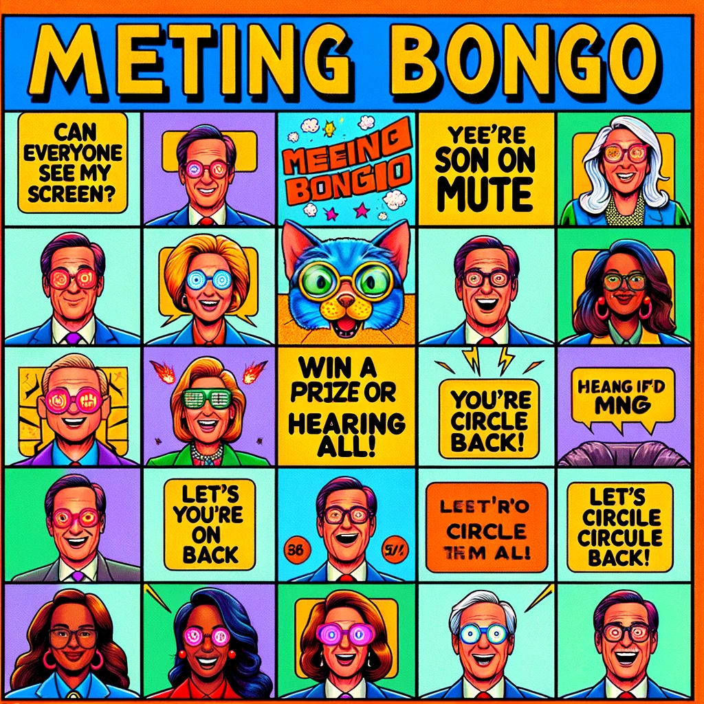 A meme featuring a bingo card filled with common meeting phrases. The bingo card should have various squares with phrases like "Can everyone see my screen?", "You're on mute," and "Let's circle back." The layout should resemble a traditional bingo card with a grid of squares, each containing a different meeting phrase. Include a title at the top of the meme that says, "Meeting Bingo: Win a prize for hearing them all!" The design should be colorful and playful, reflecting the fun and humorous nature of the game, set against a background that suggests an office meeting environment.