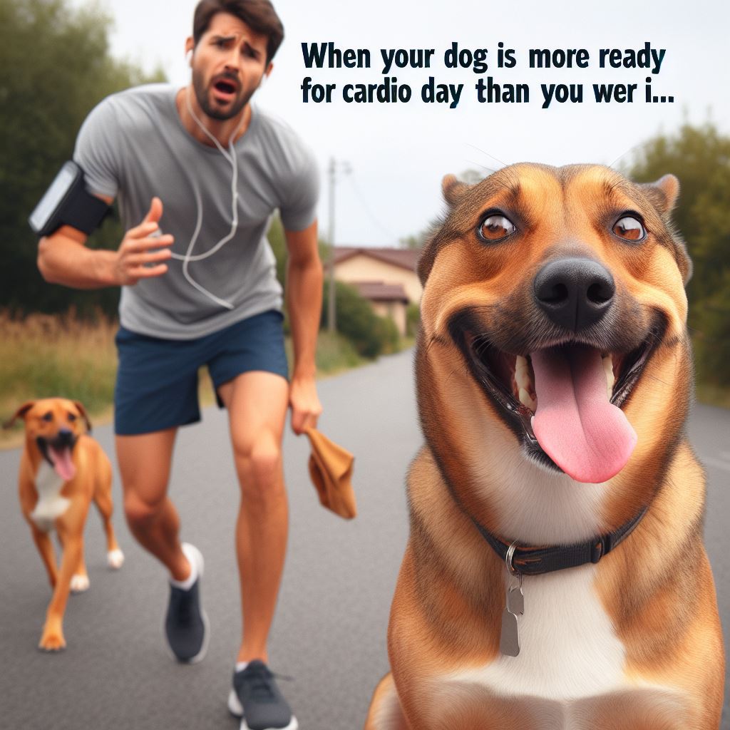 A dog looking back at its human, who's lagging far behind while jogging. The dog has a smug expression and a tongue sticking out. The human is panting and sweating. Caption: 'When your dog is more ready for cardio day than you are.'