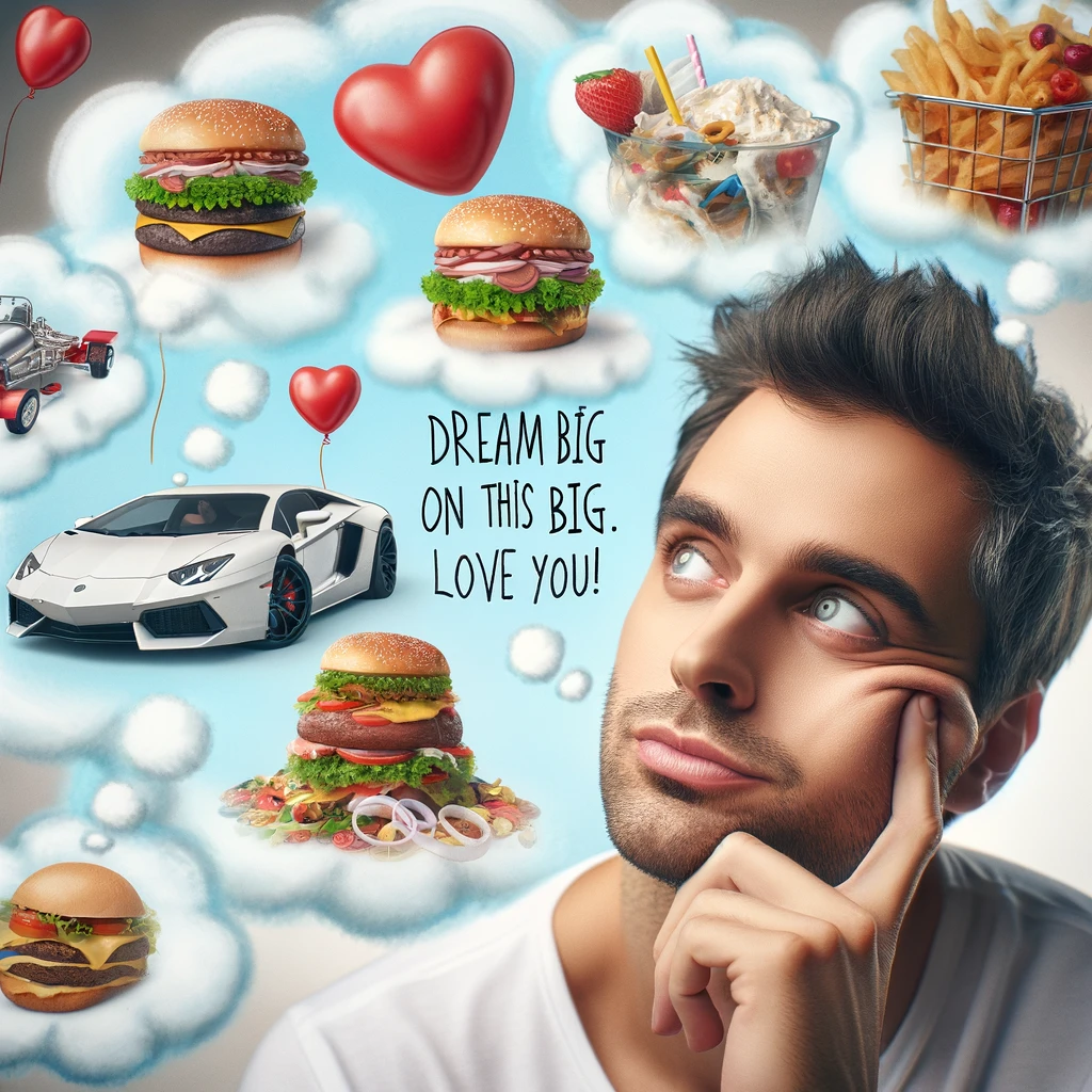 A playful image of a man looking dreamy or thoughtful, surrounded by thought bubbles showing silly or exaggerated wishes like a sports car, a mountain of burgers, and other whimsical items. His expression is a mix of daydreaming and amusement. The background should be light and airy, enhancing the dreamy atmosphere. A caption at the bottom reads, "Dream big on your birthday! (But maybe not this big). Love you!" The image should be humorous and affectionate, perfect for a lighthearted birthday wish.