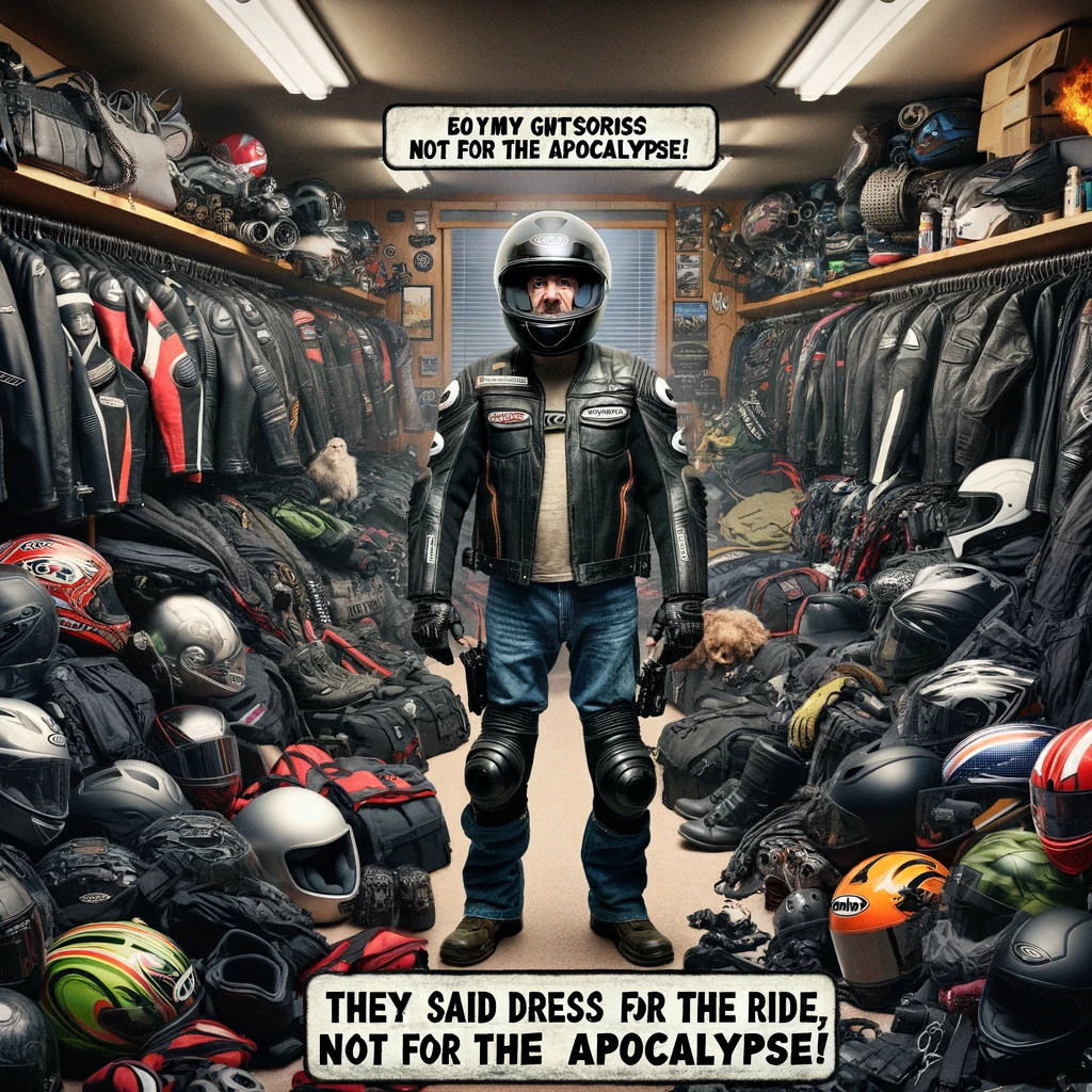 A biker surrounded by an excessive amount of riding gear and accessories, looking overwhelmed. The scene is set in a room filled to the brim with various types of motorcycle gear - helmets, jackets, gloves, boots, and more. The biker stands in the middle, slightly bemused by the sheer quantity of items. The caption at the bottom reads, "They said dress for the ride, not for the apocalypse!" The image should convey a humorous take on the enthusiasm some bikers have for collecting gear, with a playful, exaggerated amount of equipment.