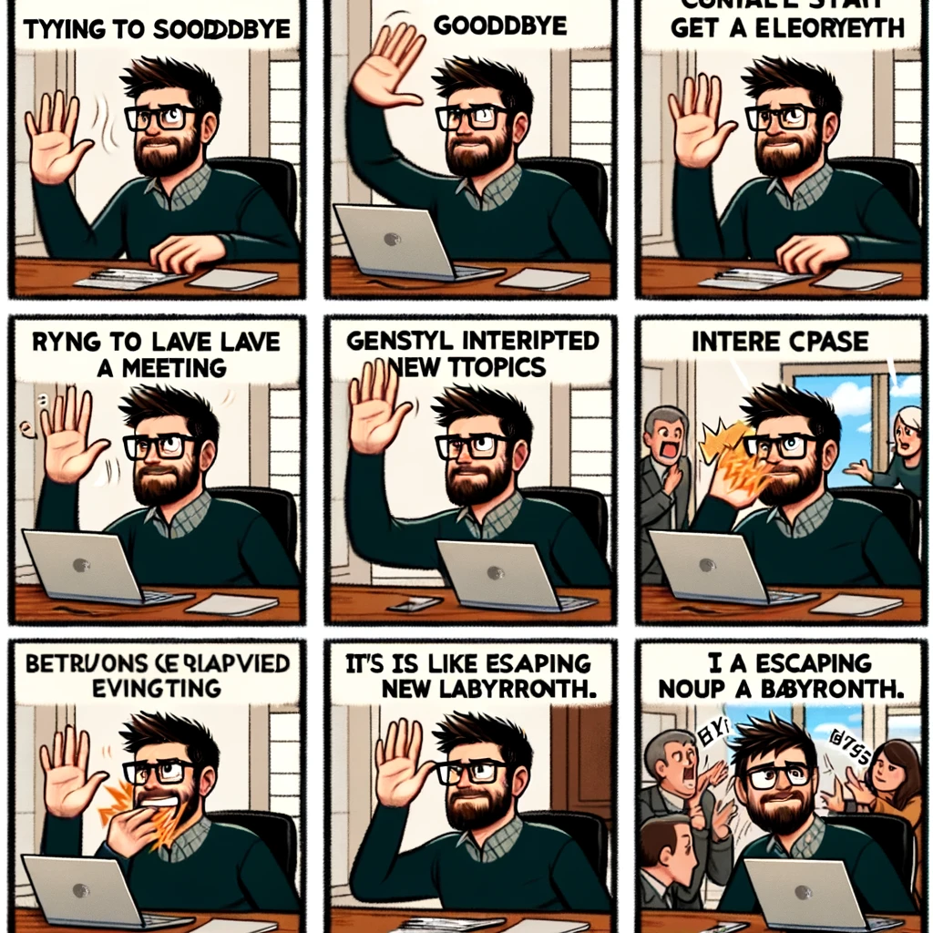 A series of frames in a meme format showing someone trying to say goodbye and leave a meeting, but constantly getting interrupted by others starting new conversations. The first frame should show the person waving or starting to say goodbye. The following frames should show other meeting participants beginning to speak or bringing up new topics, interrupting the goodbye attempt. The final frame should show the person looking resigned or exasperated. Include a caption that reads, "Trying to leave a meeting is like escaping a labyrinth." The setting should be a video call interface, capturing the common experience of awkward meeting departures.