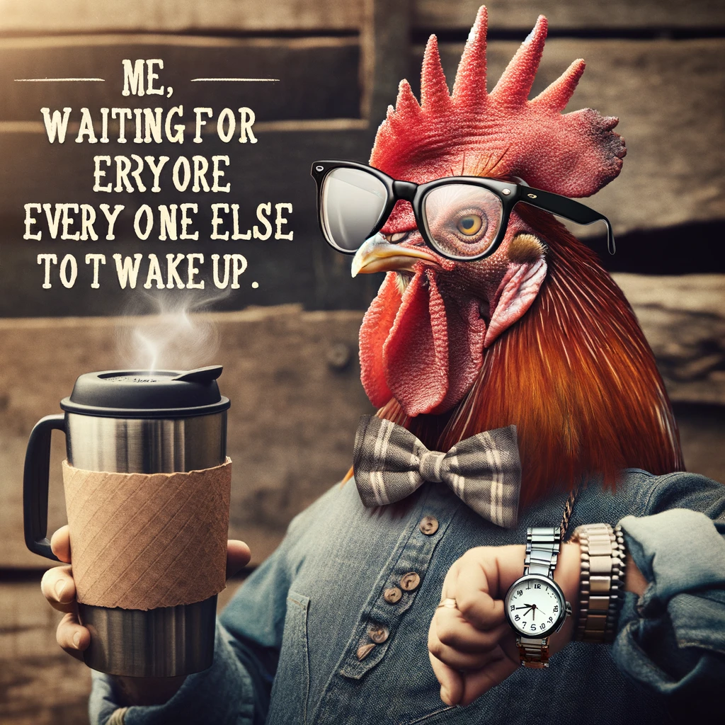 A rooster wearing an oversized pair of glasses, sipping coffee, and looking at a watch impatiently. The rooster appears to be waiting for something. Include a caption at the bottom: "Me, waiting for everyone else to wake up." The setting is a farmyard during early morning.