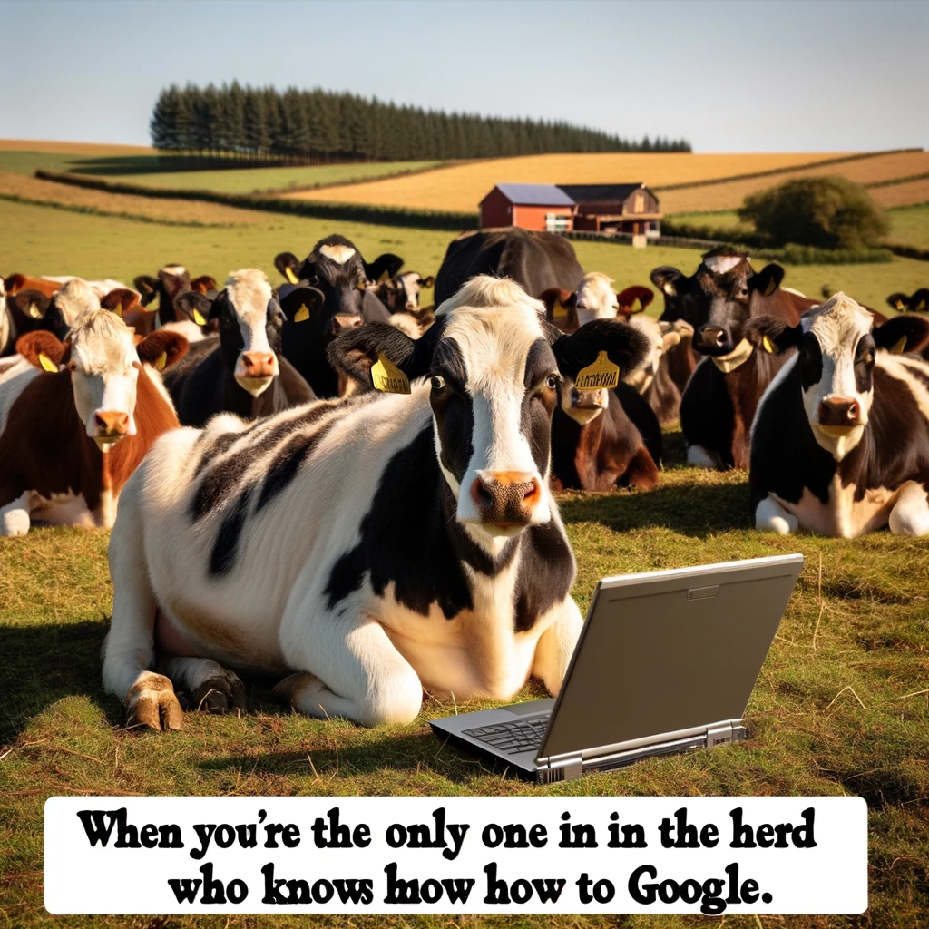 A cow typing on a laptop in a field, with other cows in the background looking confused. Include a caption at the bottom: "When you're the only one in the herd who knows how to Google." The setting is a sunny day on a farm.
