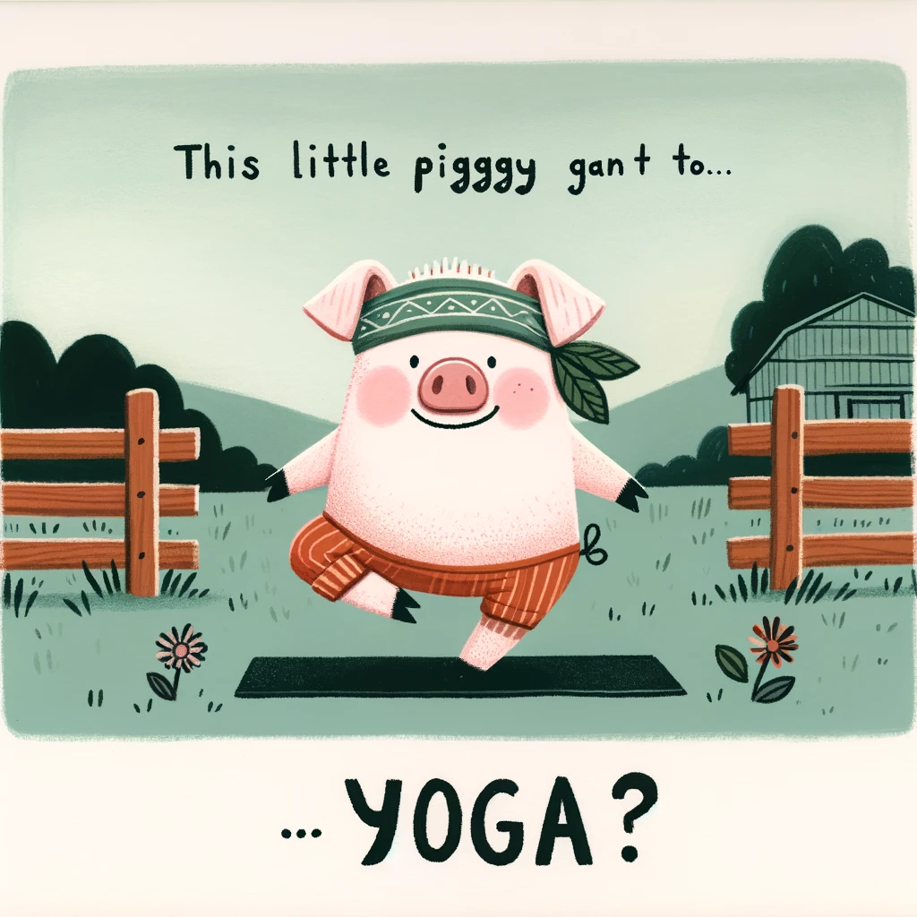 A pig wearing a headband and doing yoga in a farm setting. The pig is in a yoga pose and looks focused. Include a caption at the bottom: "This little piggy went to...yoga?" The background should be peaceful, with a hint of a farm environment.