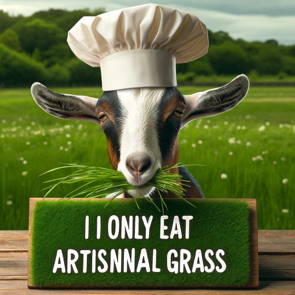 A goat with a chef's hat, nibbling on some fancy-looking grass. Include a caption at the bottom: "I only eat artisanal grass." The setting is a picturesque farm with a lush green background, emphasizing the gourmet aspect of the grass.