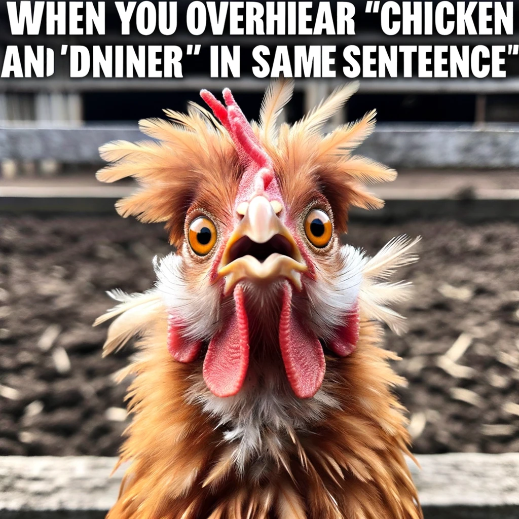 A chicken looking shocked with its feathers all ruffled. Include a caption at the bottom: "When you overhear 'chicken' and 'dinner' in the same sentence." The background should be a farmyard, adding to the dramatic effect of the chicken's expression.
