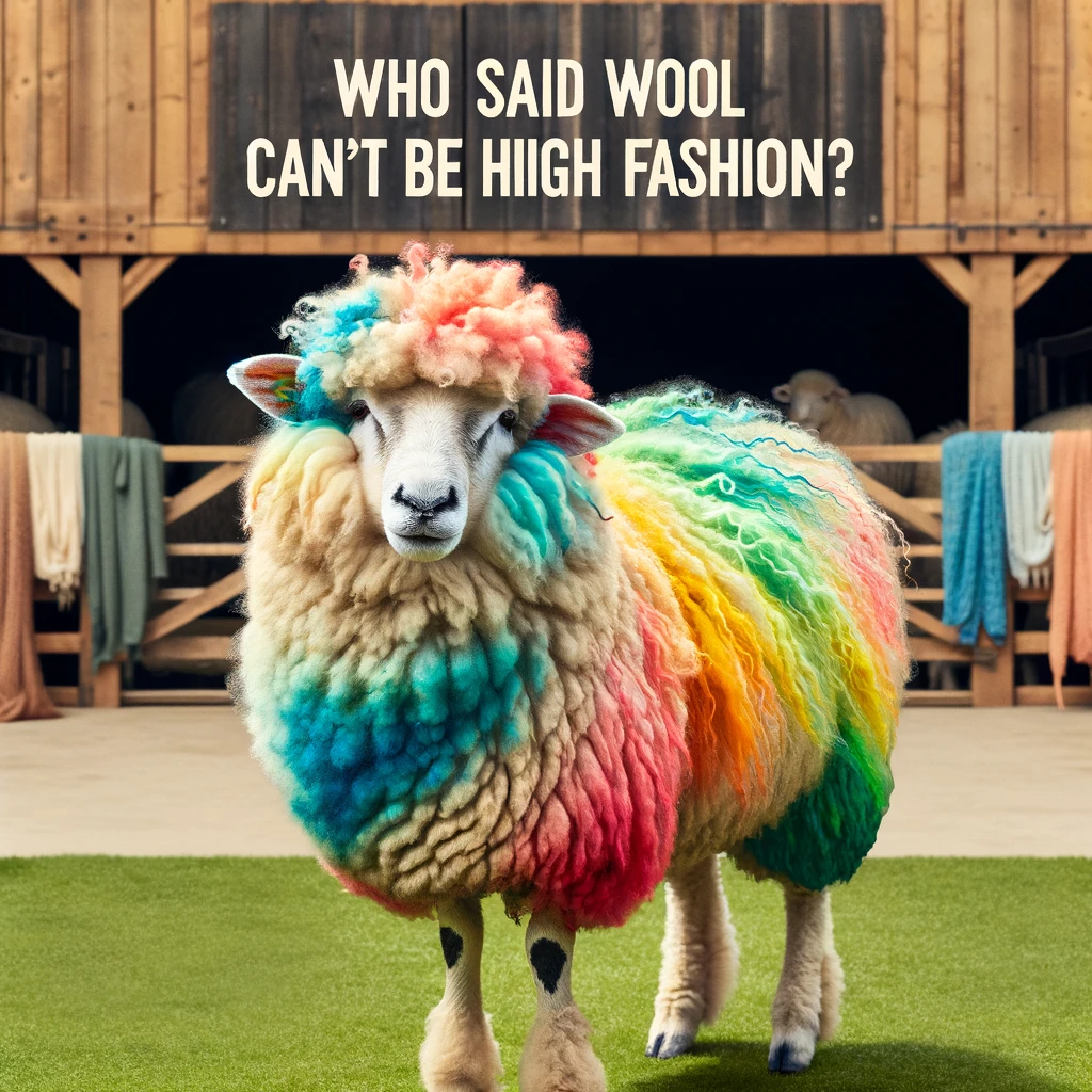 A sheep posing proudly, showing off its wool that’s been dyed in rainbow colors. Include a caption at the bottom: "Who said wool can't be high fashion?" The setting is a stylish farmyard, with the sheep standing confidently.