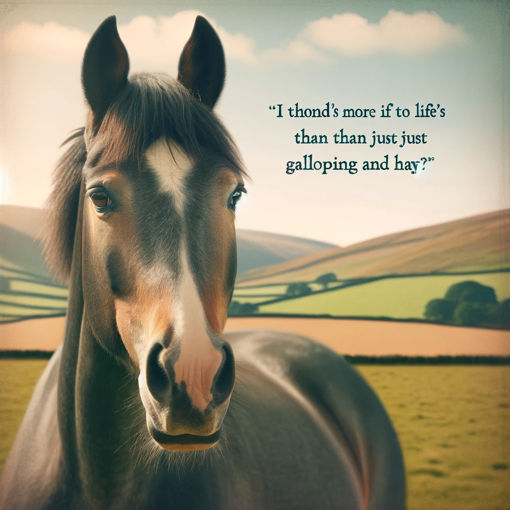 A horse looking pensively into the distance with a thought-provoking expression. The horse is standing in a serene pasture with a backdrop of rolling hills and a clear blue sky. The image should convey a sense of deep contemplation and tranquility. Include a caption in a thoughtful, elegant font: 'I wonder if there's more to life than just galloping and hay.'