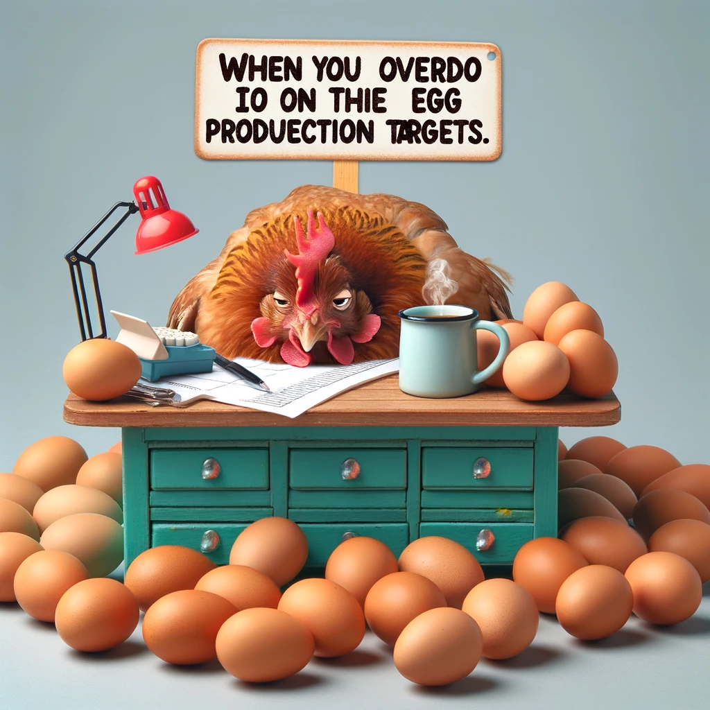 A hen sitting at a tiny desk, surrounded by a pile of eggs, looking exhausted with a coffee mug. The caption reads: "When you overdo it on the egg production targets."