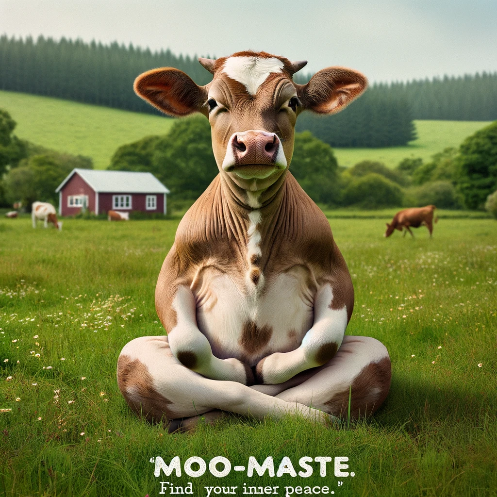 A cow sitting cross-legged in a peaceful pasture, with a serene expression. Caption: "Moo-maste: Find your inner peace."