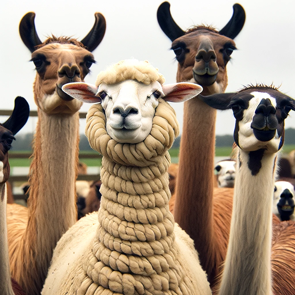 A sheep trying to blend in with a group of llamas, wearing a fake long neck and looking slightly awkward. Caption: "When you try to fit in with the cool crowd."