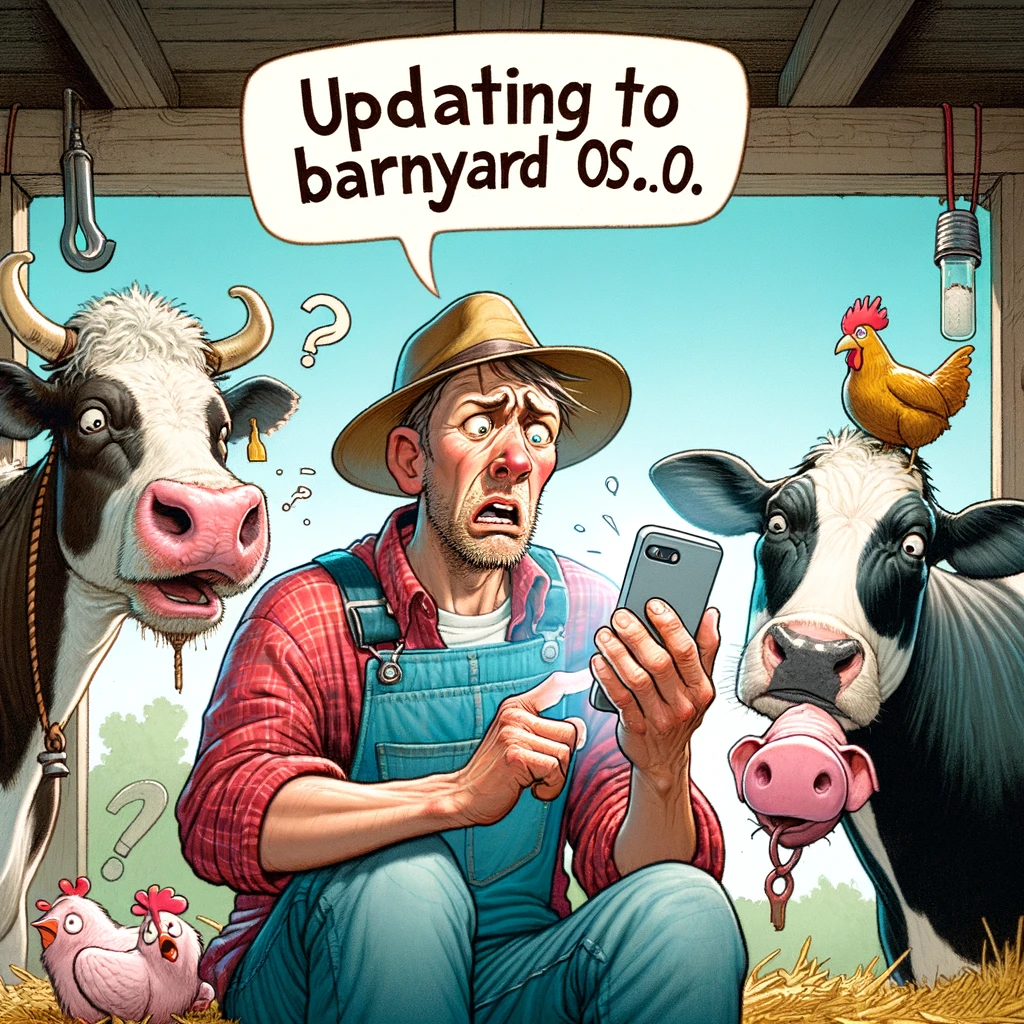 A farmer looking baffled at a smartphone, with a cow, pig, and chicken looking over his shoulder equally confused. Caption: "Updating to Barnyard OS 2.0."