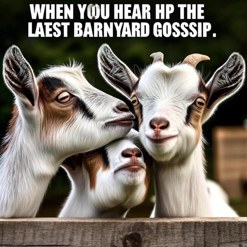 Two goats whispering to each other with wide eyes, while a third goat looks on suspiciously. Caption: "When you hear the latest barnyard gossip."